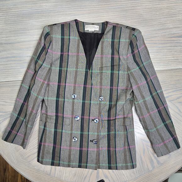 Vintage 90s Plaid Blazer Pearlescent Lucite Buttons Jacket Coat Rayon Size 12 - Picture 13 of 16